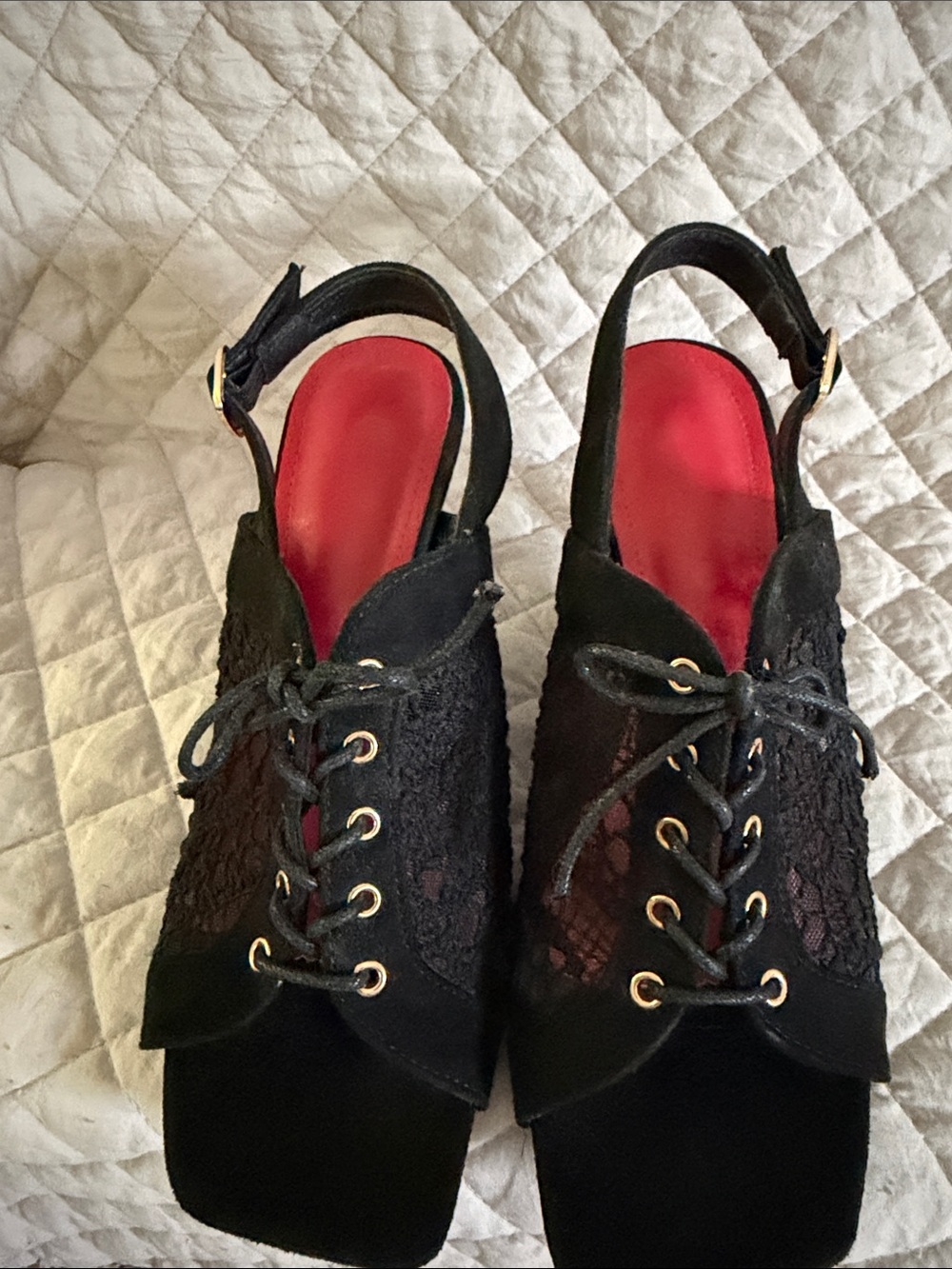 Black Lace Slingback Heels with Red Insole